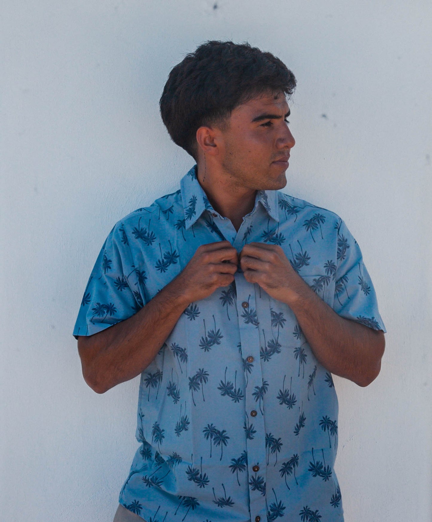 Camisa azul con palmeras 100% algodón