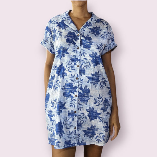 vestido corto tipo camisa, estampado floral azul, 100% algodón