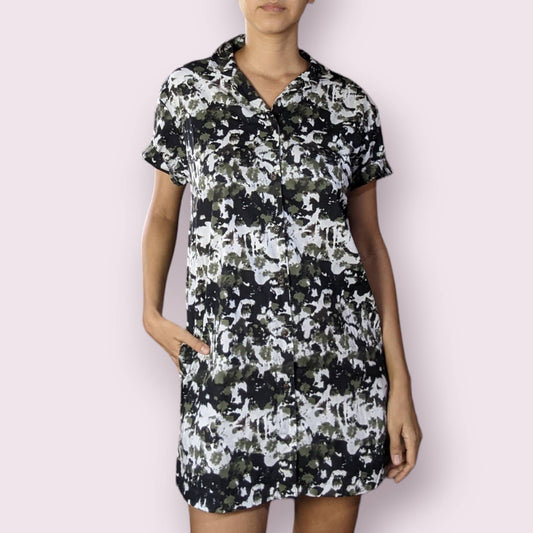 vestido corto tipo camisa, estampado de camuflaje, 100% algodón
