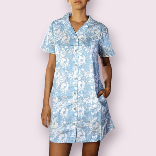 vestido corto tipo camisa, estampado hawaiano, 100% algodón